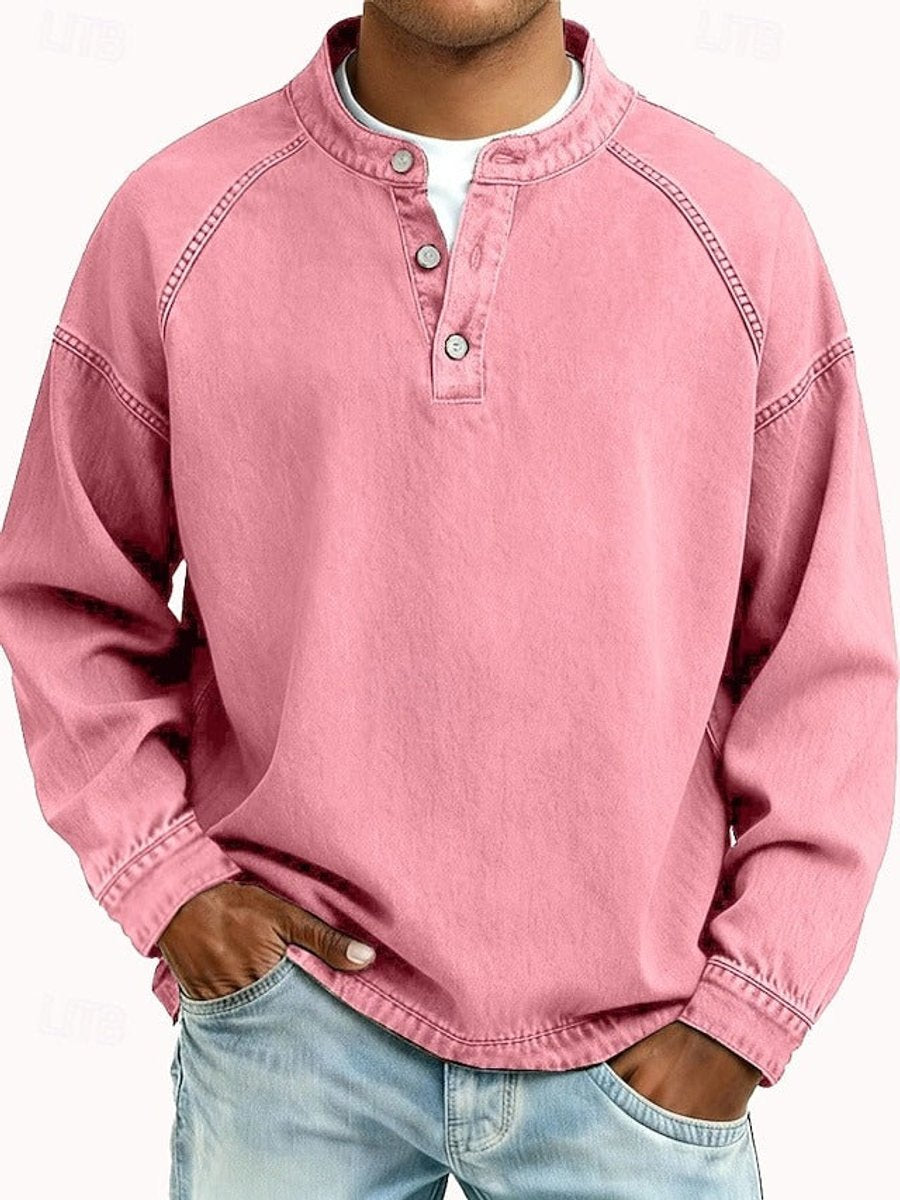 Men's Retro Washed Henley Long-Sleeve Knit Sweater Pullover - Pink