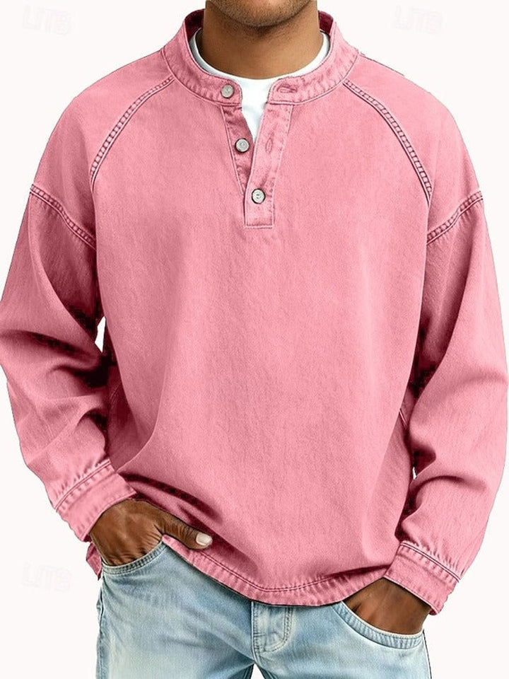 Men's Retro Washed Henley Long-Sleeve Knit Sweater Pullover - Pink