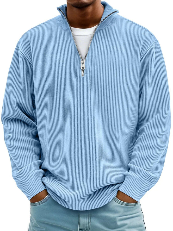 Men's Ribbed Knit Sweater Quarter-Zip Mock Neck Jumper - Blue