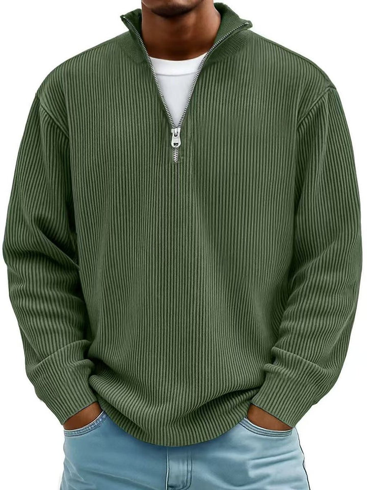 Men's Ribbed Knit Sweater Quarter-Zip Mock Neck Jumper - Olive Green
