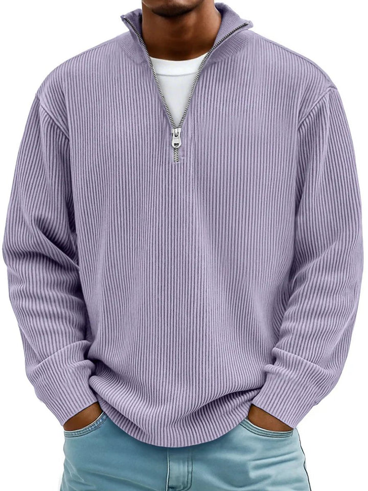 Men's Ribbed Knit Sweater Quarter-Zip Mock Neck Jumper - Purple