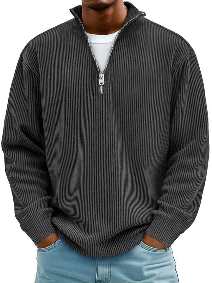 Men's Ribbed Knit Sweater Quarter-Zip Mock Neck Jumper - Black