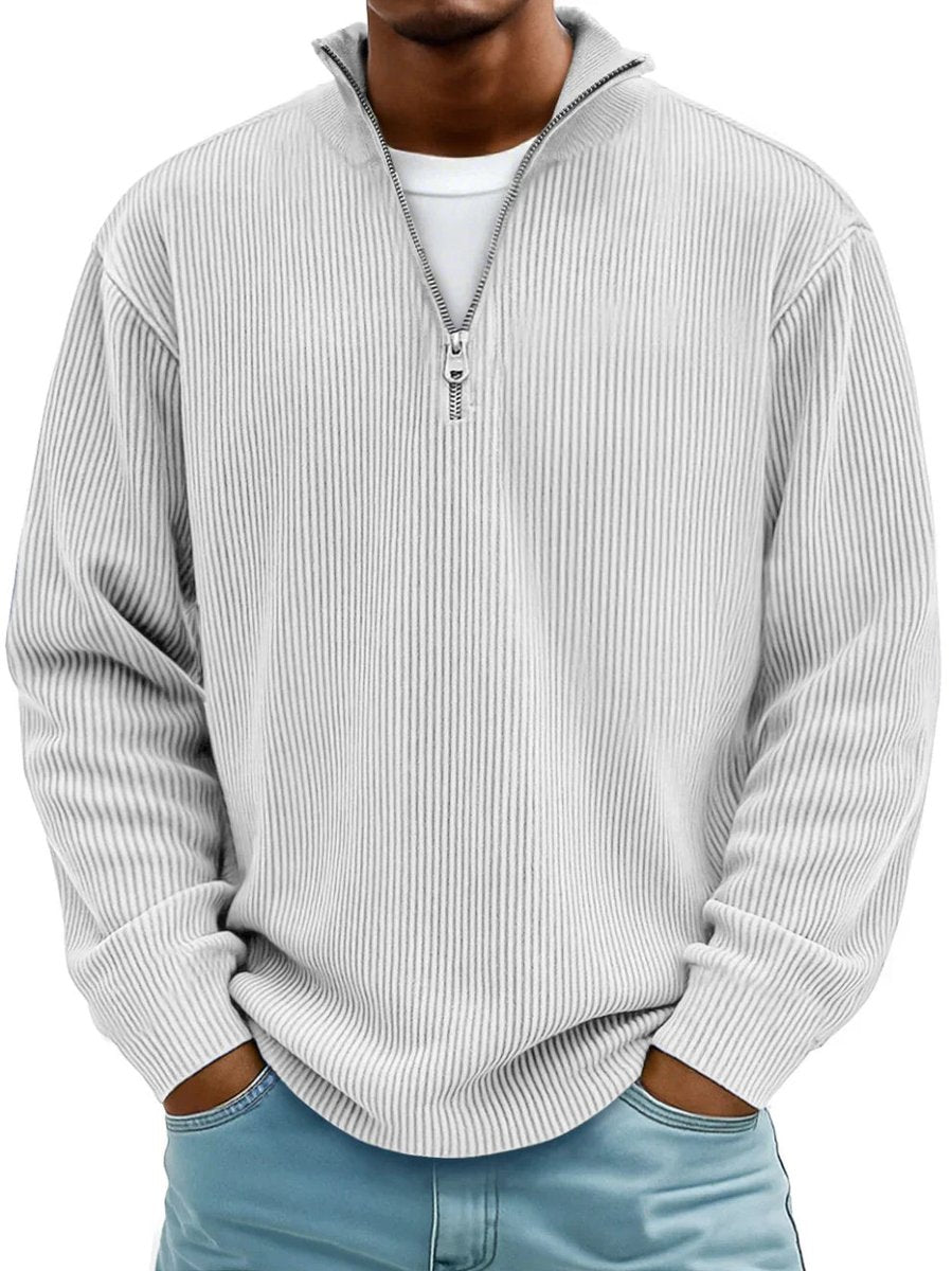 Men's Ribbed Knit Sweater Quarter-Zip Mock Neck Jumper - White