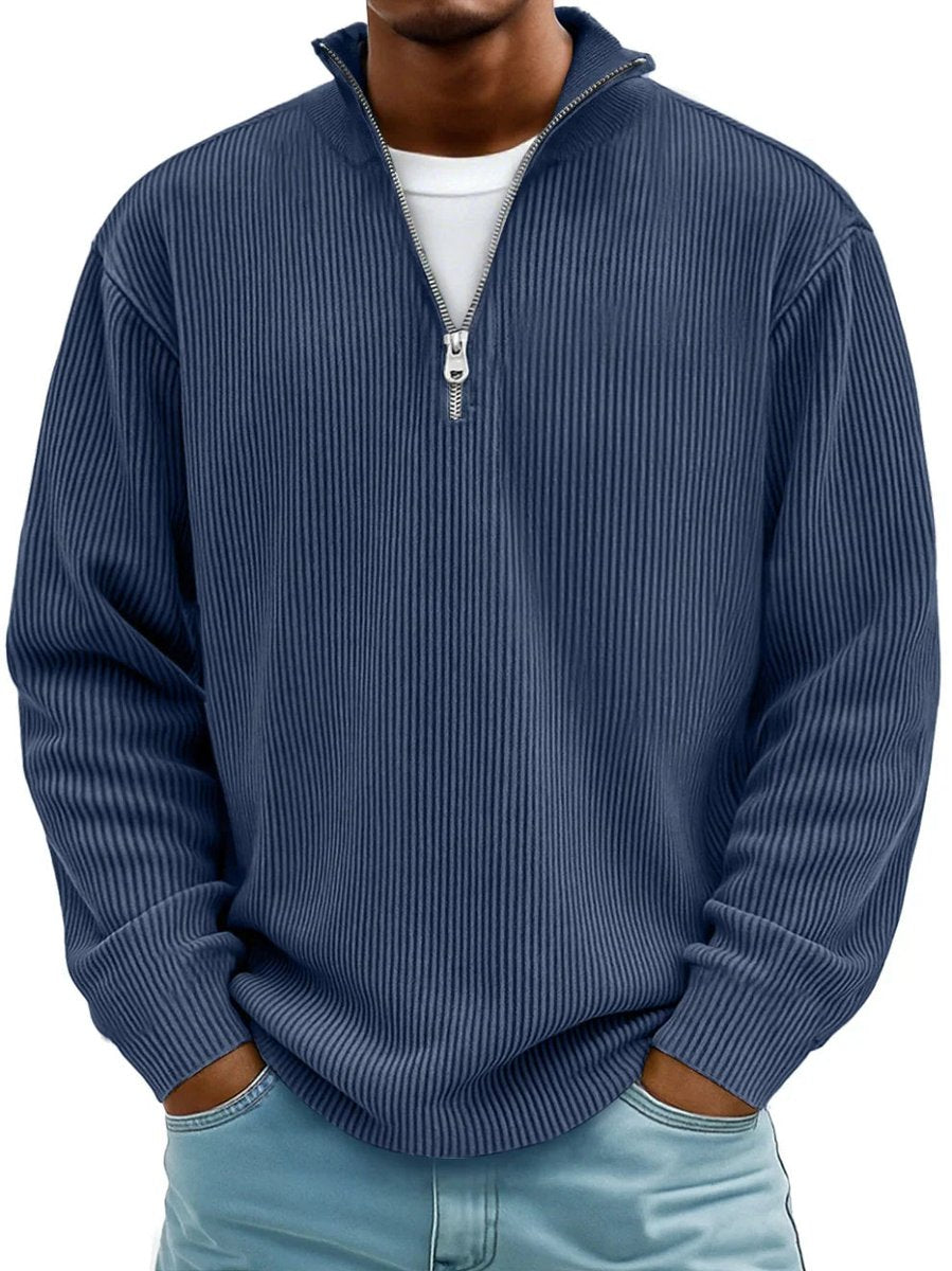 Men's Ribbed Knit Sweater Quarter-Zip Mock Neck Jumper - Navy Blue