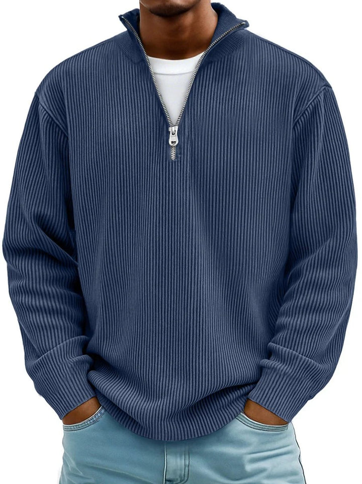 Men's Ribbed Knit Sweater Quarter-Zip Mock Neck Jumper - Navy Blue