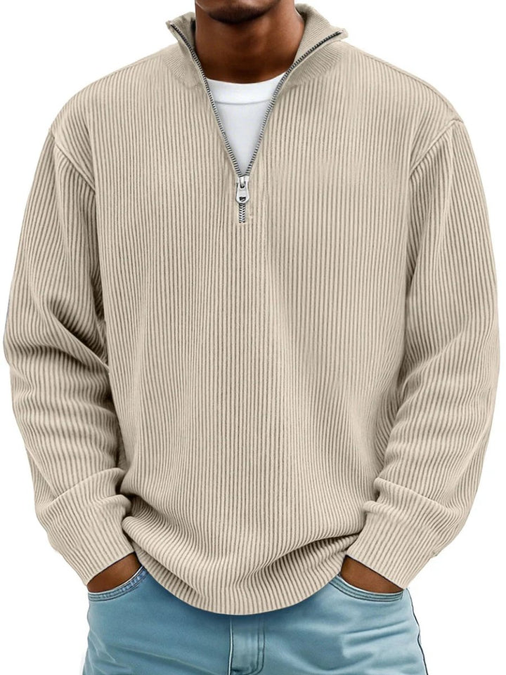 Men's Ribbed Knit Sweater Quarter-Zip Mock Neck Jumper - Khaki