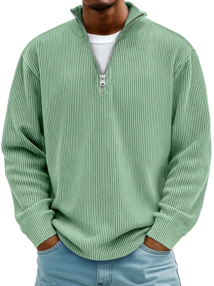 Men's Ribbed Knit Sweater Quarter-Zip Mock Neck Jumper - Green