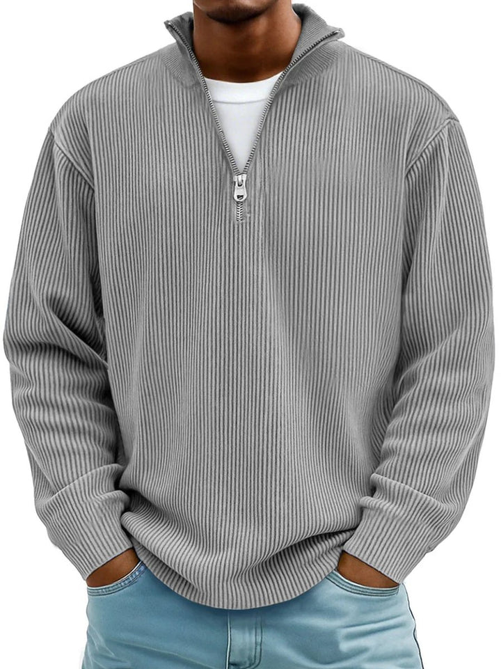 Men's Ribbed Knit Sweater Quarter-Zip Mock Neck Jumper - Grey