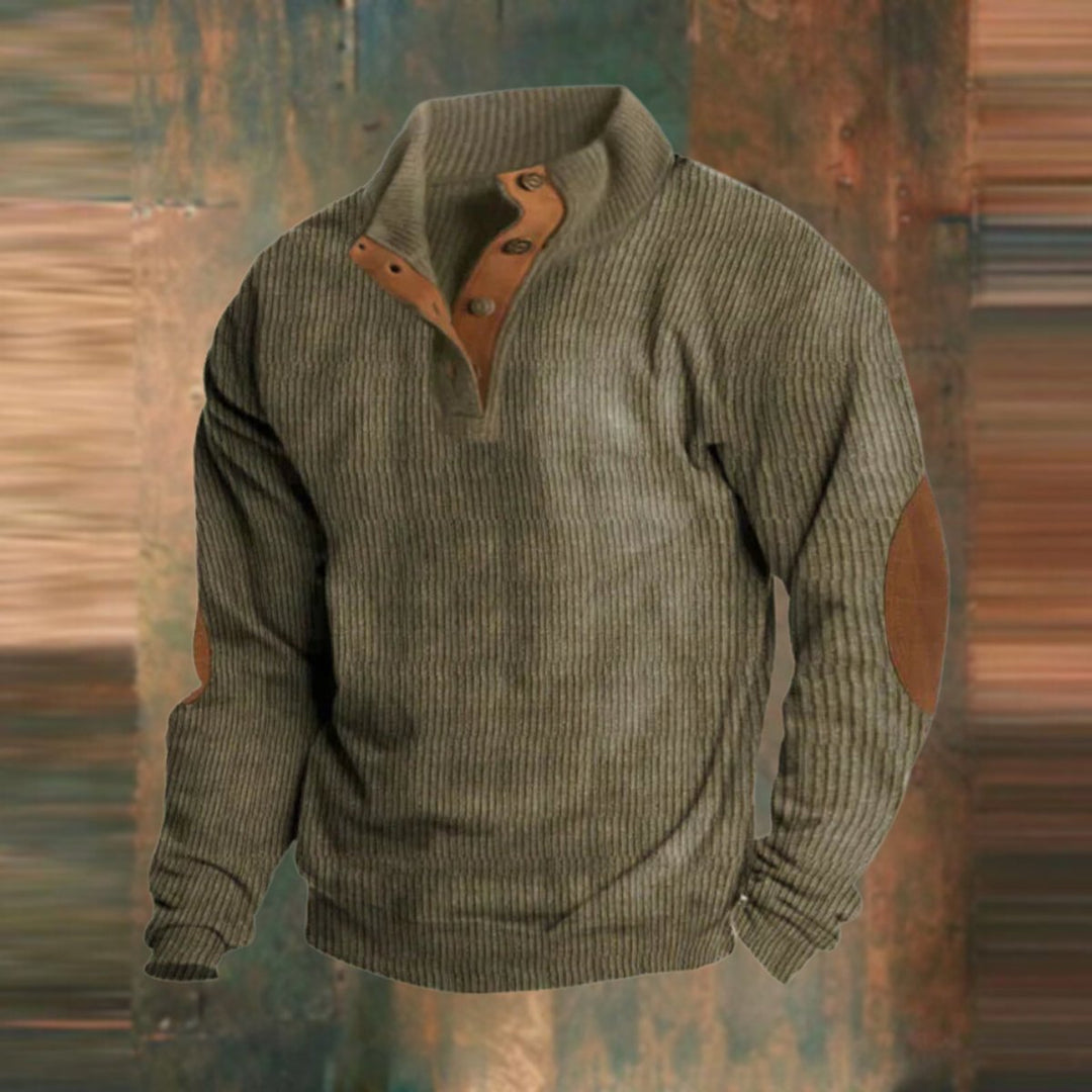 Men's Ribbed Knit Sweater Quarter-Zip Suede Elbow Patch Pullover - Green