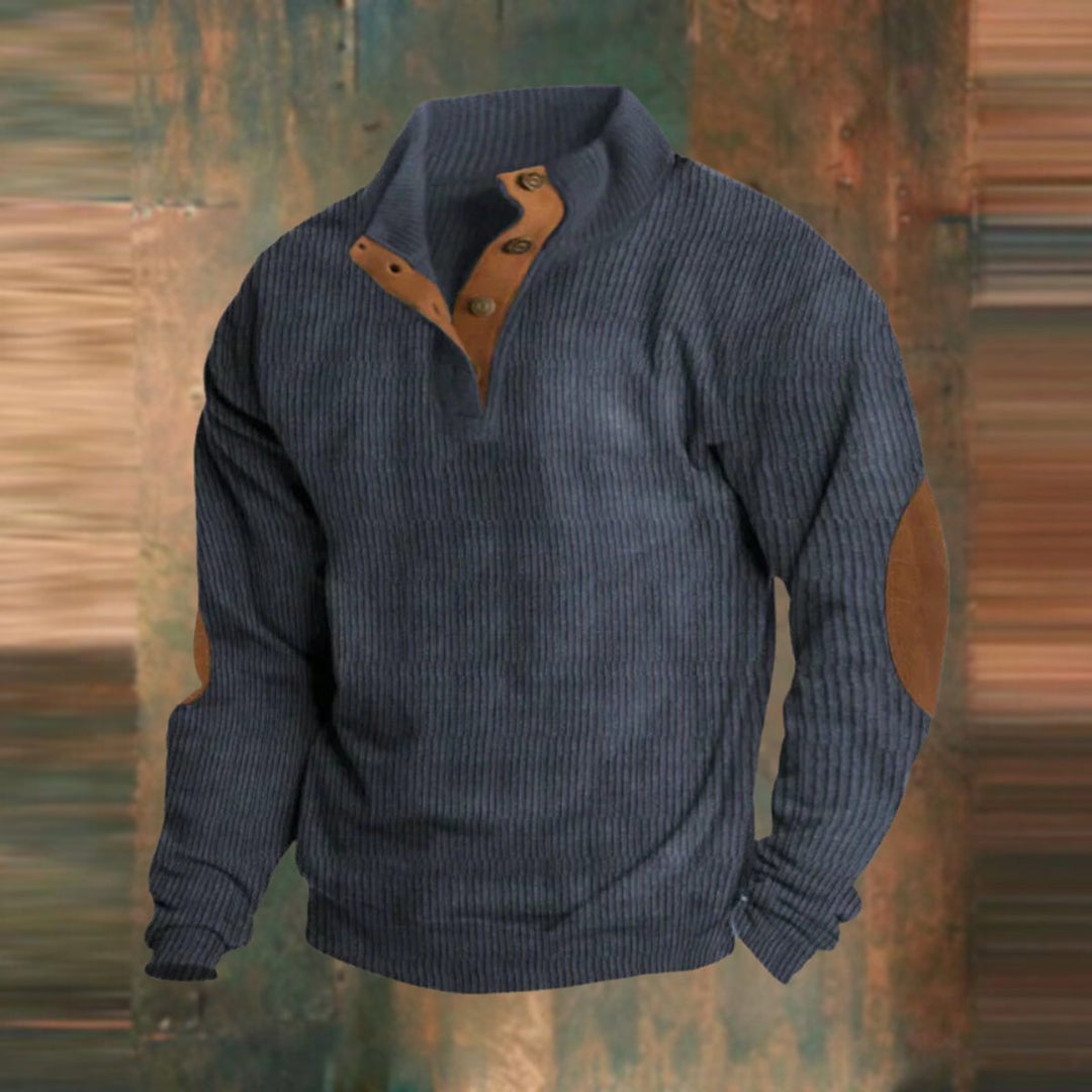 Men's Ribbed Knit Sweater Quarter-Zip Suede Elbow Patch Pullover - Navy Blue