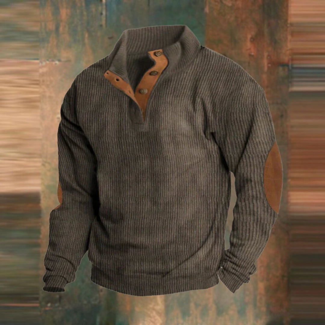 Men's Ribbed Knit Sweater Quarter-Zip Suede Elbow Patch Pullover - Brown
