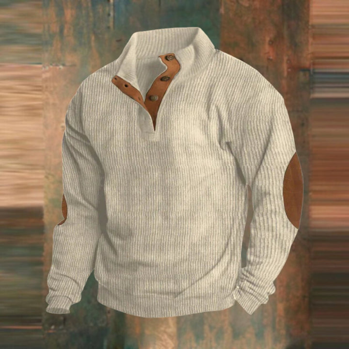 Men's Ribbed Knit Sweater Quarter-Zip Suede Elbow Patch Pullover - Beige