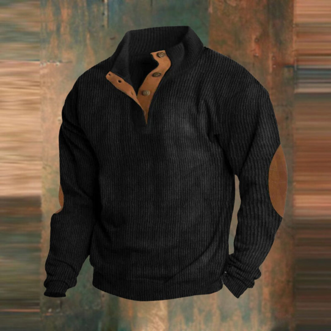 Men's Ribbed Knit Sweater Quarter-Zip Suede Elbow Patch Pullover - Black
