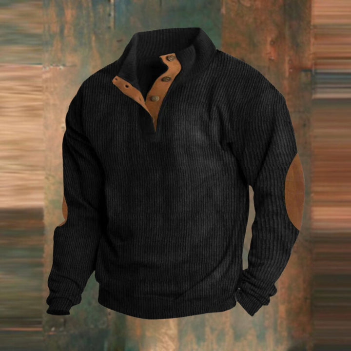 Men's Ribbed Knit Sweater Quarter-Zip Suede Elbow Patch Pullover - Black