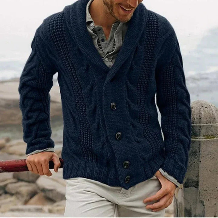 Men's Shawl Collar Cable Knit Mens Cardigan Button Front - Dark Blue