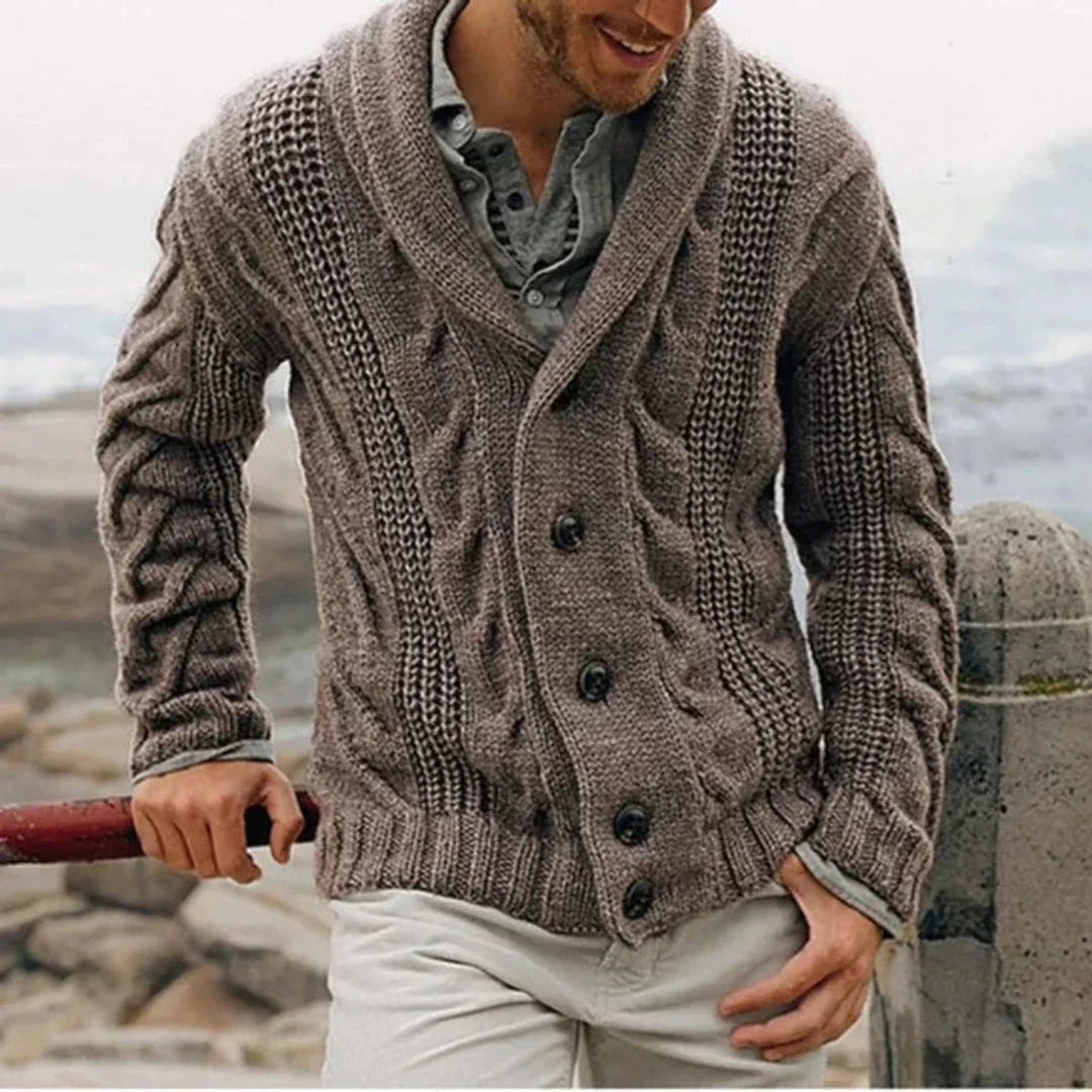 Men's Shawl Collar Cable Knit Mens Cardigan Button Front - Brown