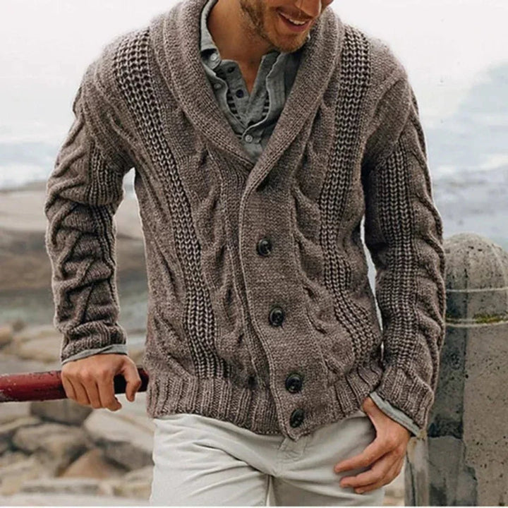 Men's Shawl Collar Cable Knit Mens Cardigan Button Front - Brown