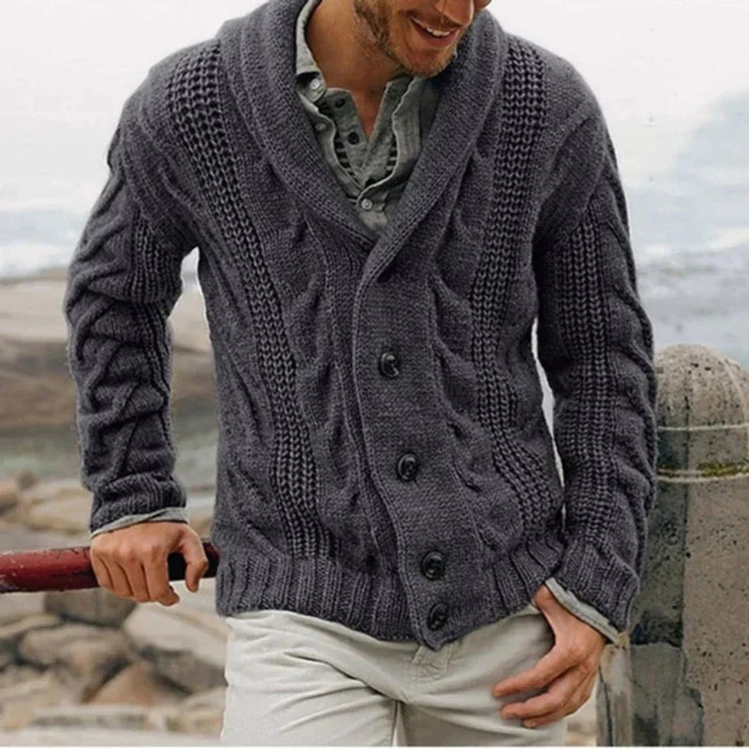 Men's Shawl Collar Cable Knit Mens Cardigan Button Front - Dark Grey