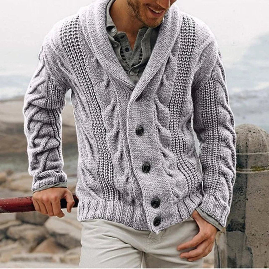 Men's Shawl Collar Cable Knit Mens Cardigan Button Front - Light Grey