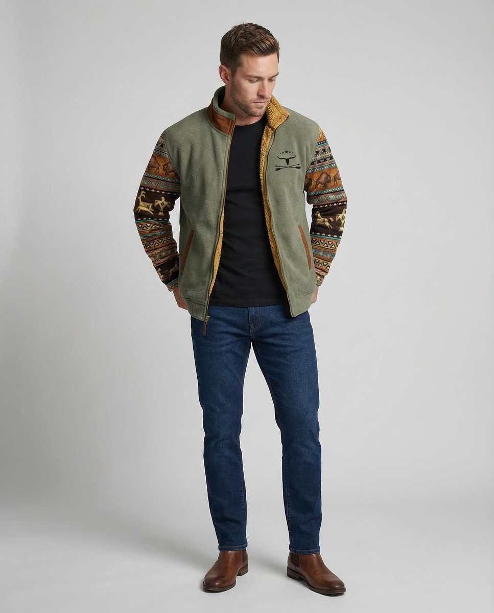 Men's Sherpa-Lined Aztec-Print Zip-Up Fleece Jacket