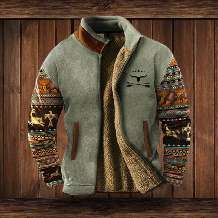 Men's Sherpa-Lined Aztec-Print Zip-Up Fleece Jacket - Grey