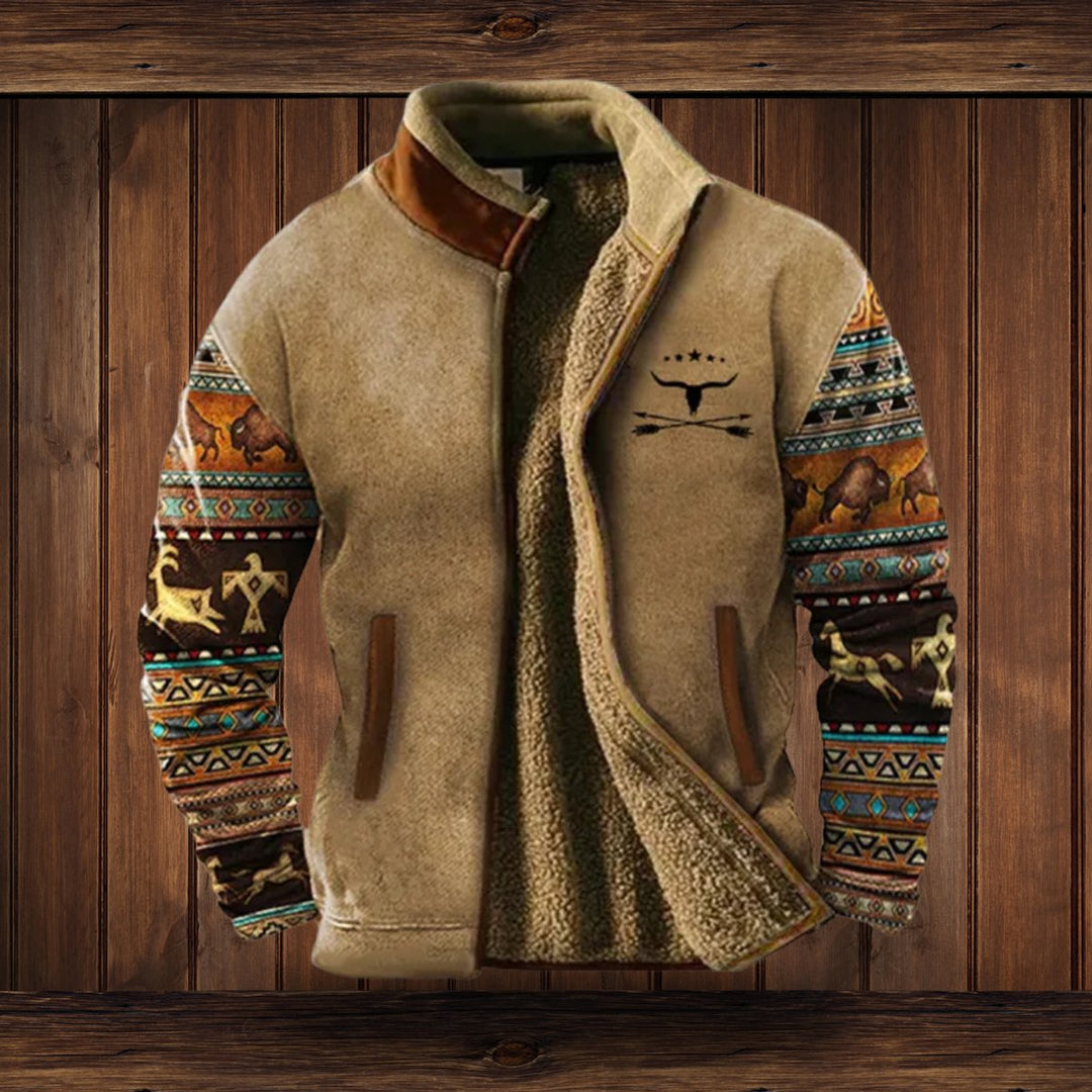 Men's Sherpa-Lined Aztec-Print Zip-Up Fleece Jacket - Brown 2