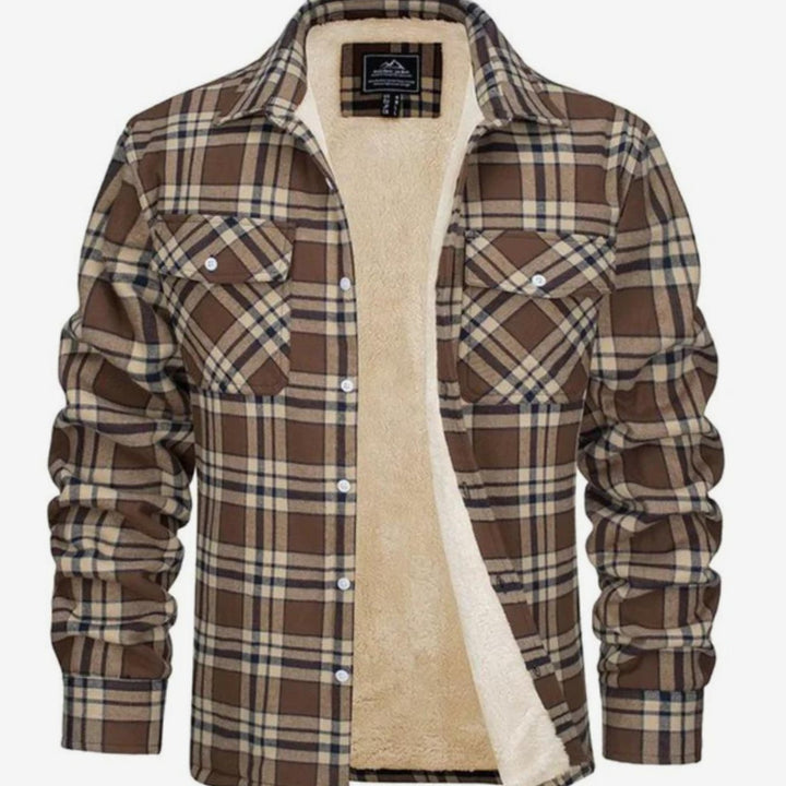 Men's Sherpa Lined Flannel Shirt Jacket Plaid Mens Coat - Khaki