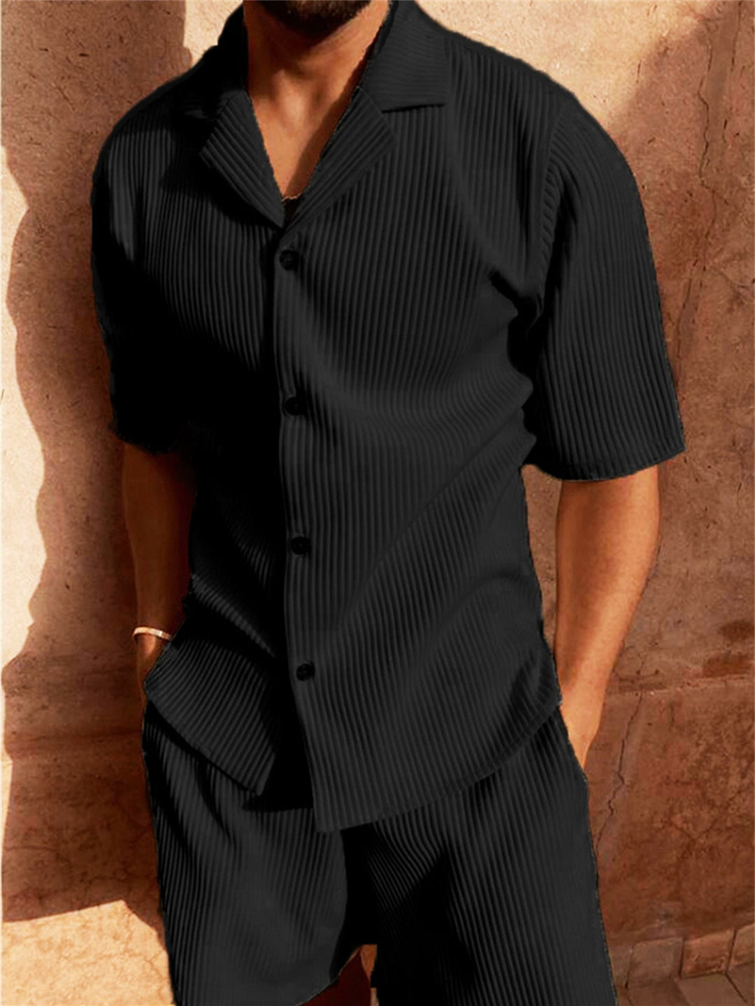 Aaron | Men's Ribbed Button Up Shirt Shorts Set