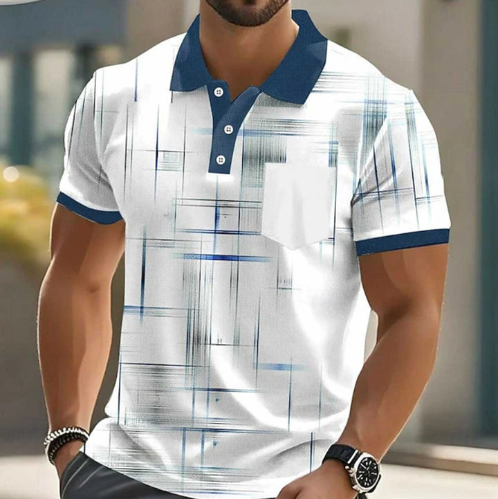 Men's Short-Sleeve Geometric Print Button-Up Polo Shirt - Blue