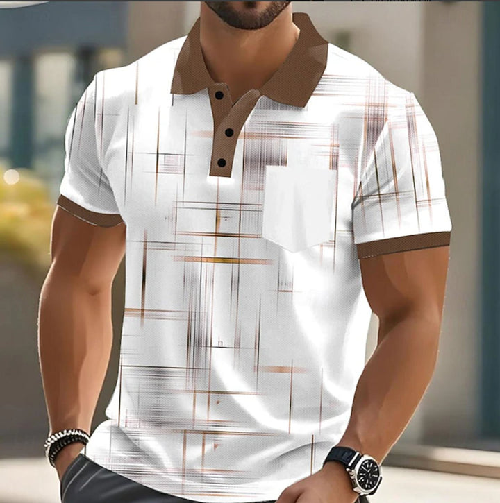 Men's Short-Sleeve Geometric Print Button-Up Polo Shirt - Brown