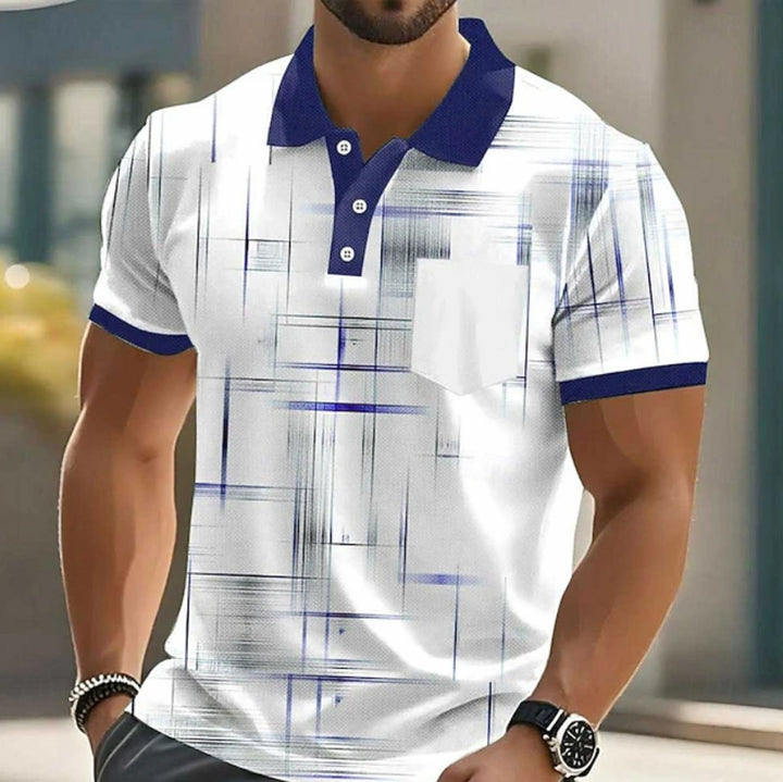 Men's Short-Sleeve Geometric Print Button-Up Polo Shirt - Navy Blue
