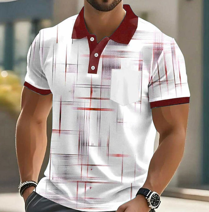 Men's Short-Sleeve Geometric Print Button-Up Polo Shirt - Red