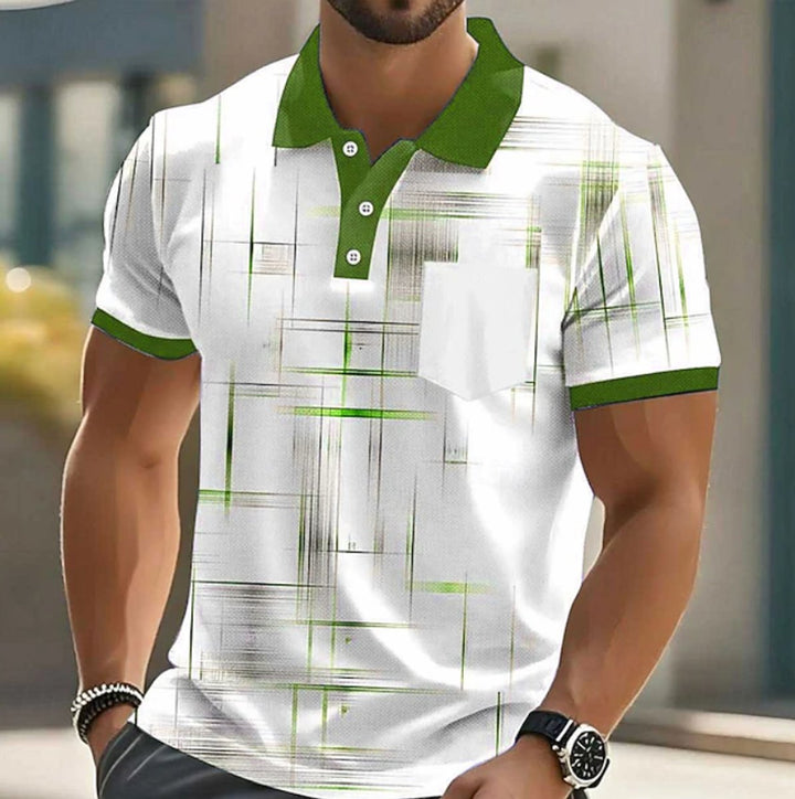 Men's Short-Sleeve Geometric Print Button-Up Polo Shirt - Green