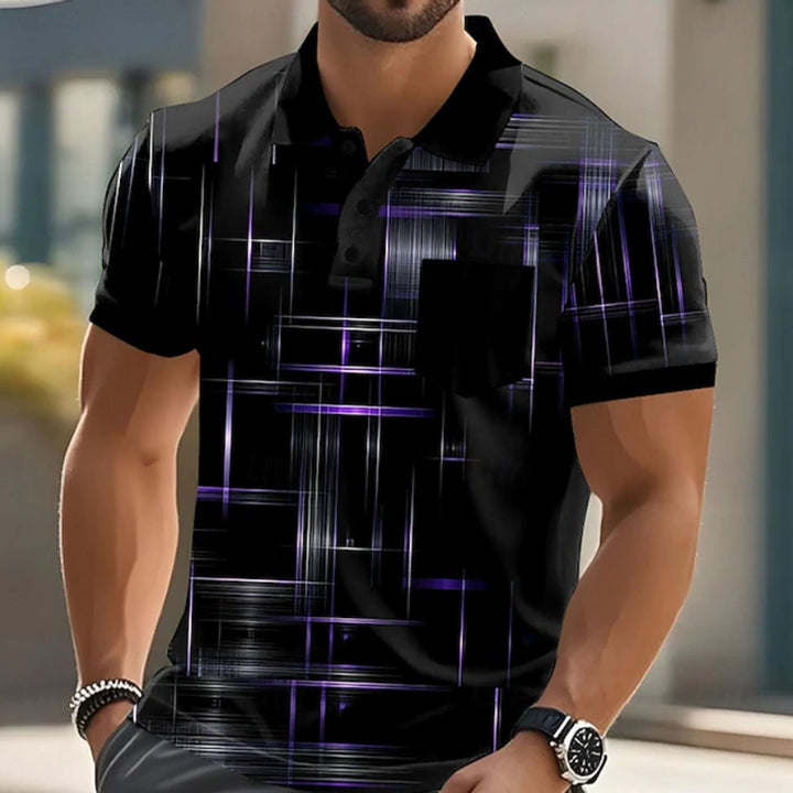 Men's Short-Sleeve Geometric Print Button-Up Polo Shirt - Purple
