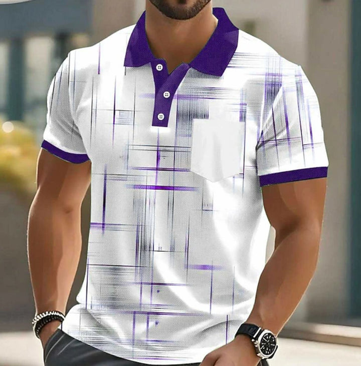 Men's Short-Sleeve Geometric Print Button-Up Polo Shirt - Light Purple
