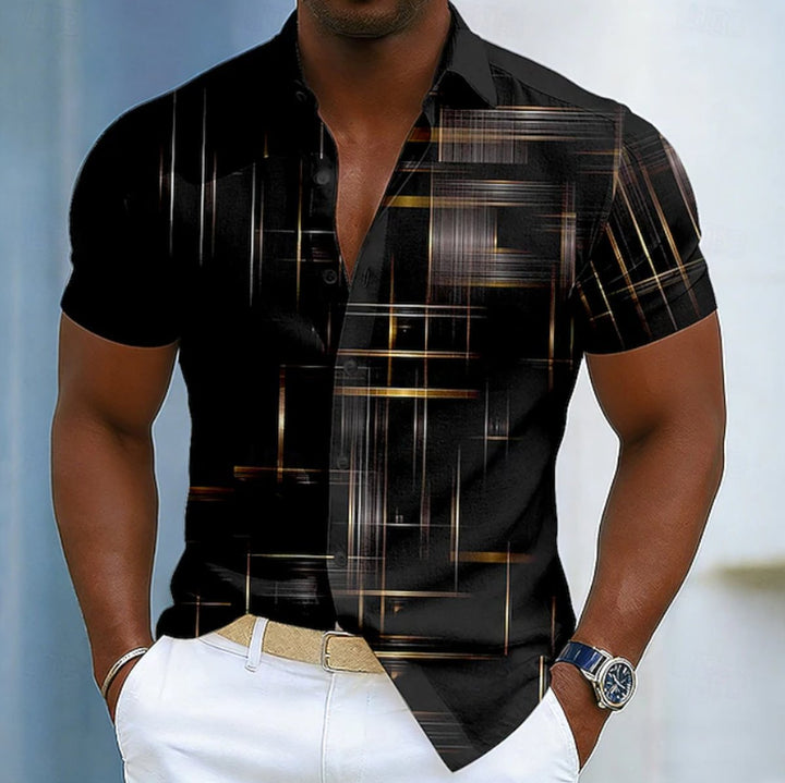 Men's Short-Sleeve Geometric Print Button-Up Shirt - Black