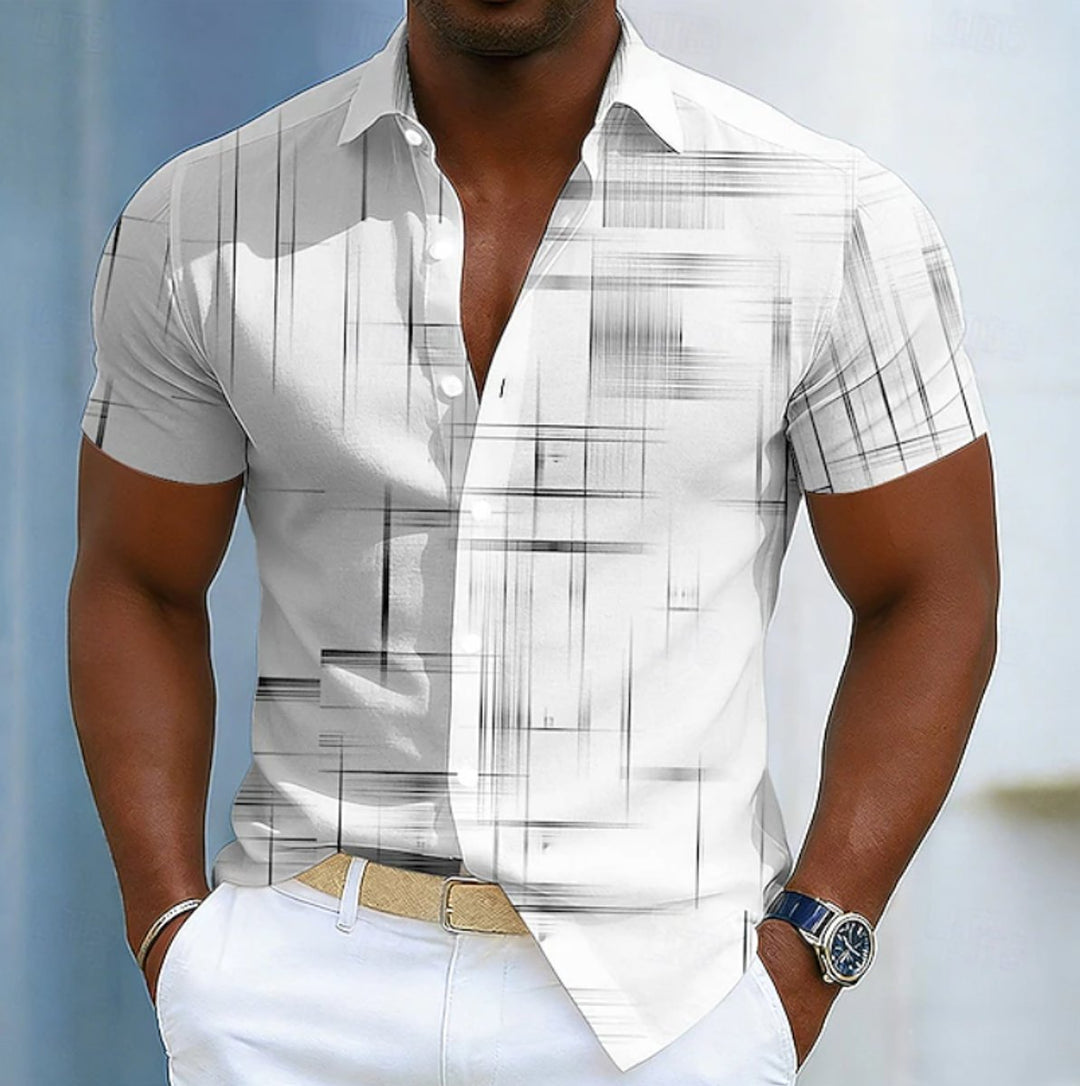 Men's Short-Sleeve Geometric Print Button-Up Shirt - White