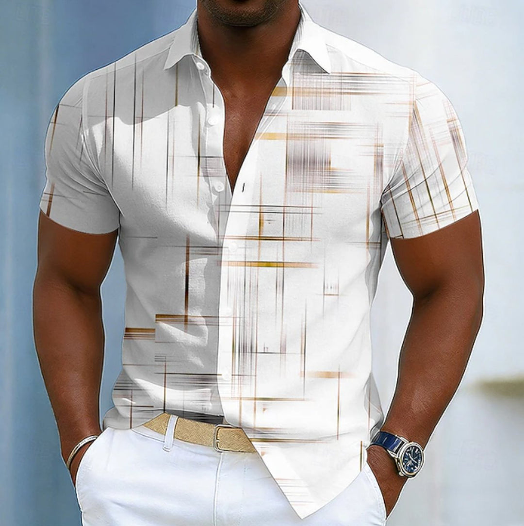Men's Short-Sleeve Geometric Print Button-Up Shirt - Khaki