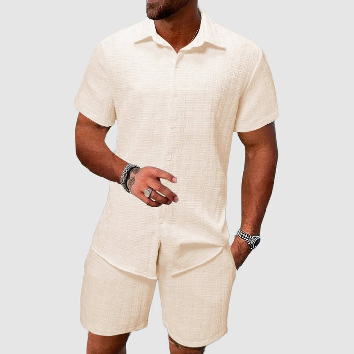 Men's Short-Sleeve Jacquard Two-Piece Set - Beige