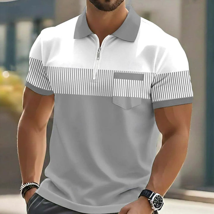 Men's Short-Sleeve Quarter-Zip Striped Polo Shirt - Grey