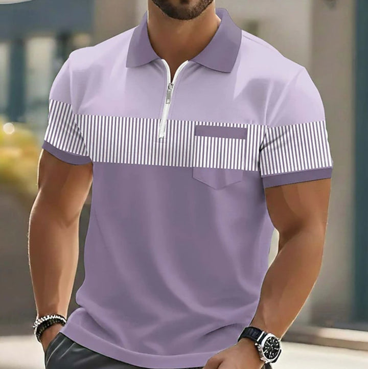 Men's Short-Sleeve Quarter-Zip Striped Polo Shirt - Purple