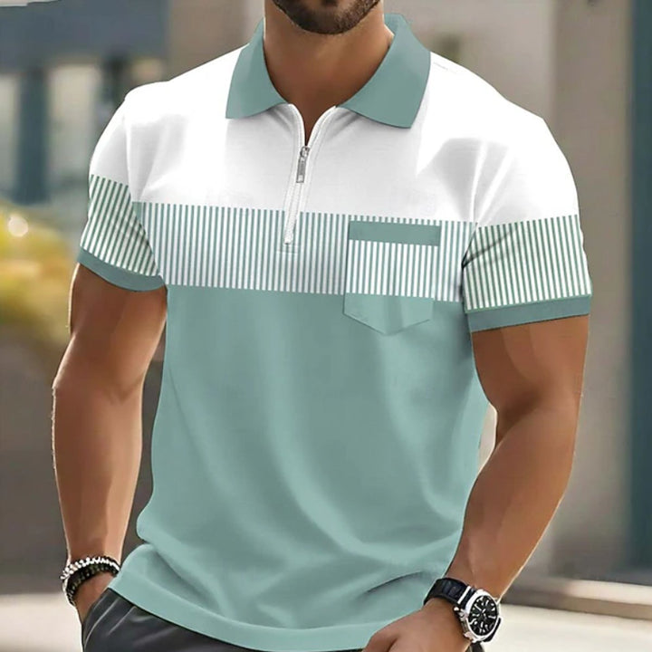 Men's Short-Sleeve Quarter-Zip Striped Polo Shirt - Green