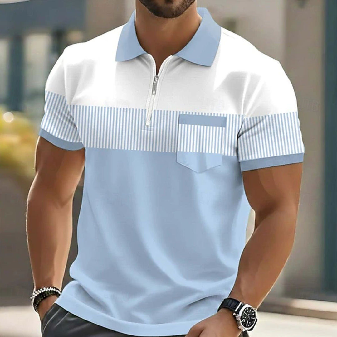 Men's Short-Sleeve Quarter-Zip Striped Polo Shirt - Blue
