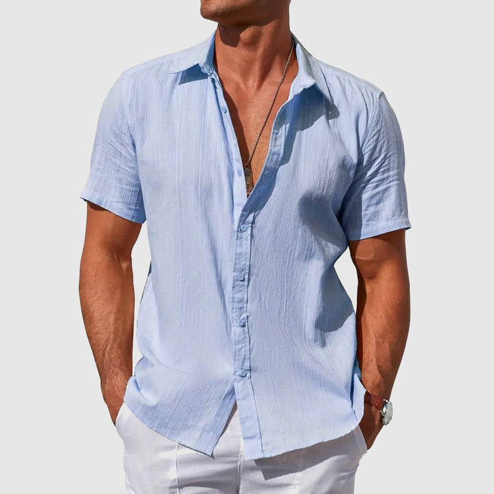 Men's Short Sleeve Textured Linen Shirt - Light Blue