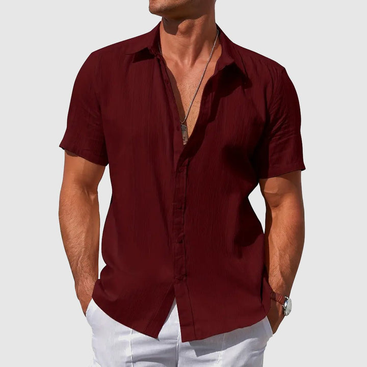 Men's Short Sleeve Textured Linen Shirt - Dark Red