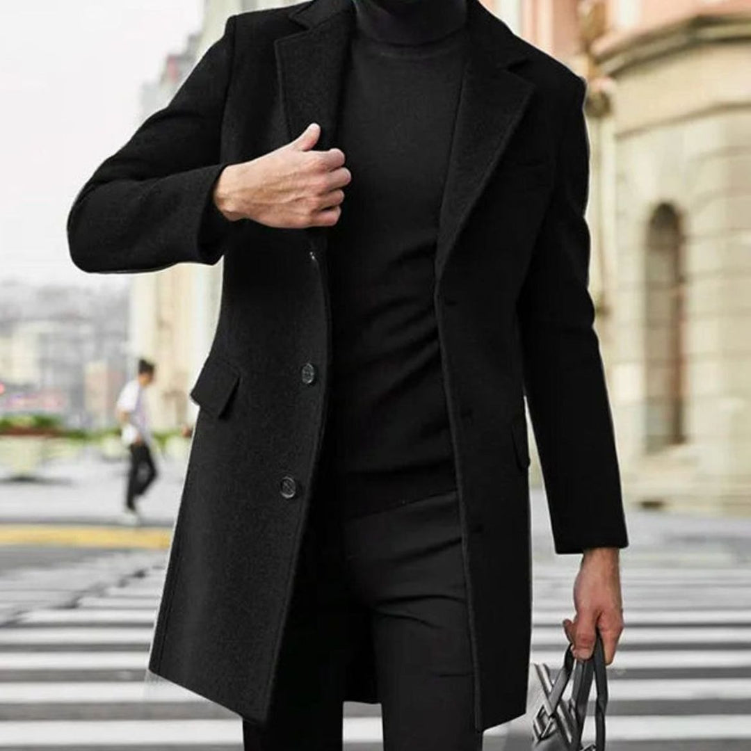 Men's Single-Breasted Notch Lapel Long Overcoat Mens Coat - Black