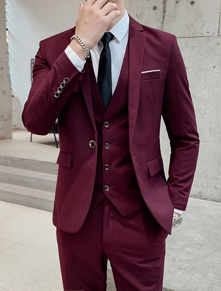 Men's Single-Breasted Two-Button Three-Piece Tailored Suit - Burgundy