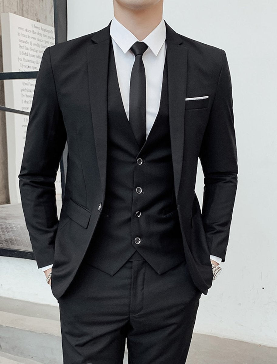 Men's Single-Breasted Two-Button Three-Piece Tailored Suit - Black