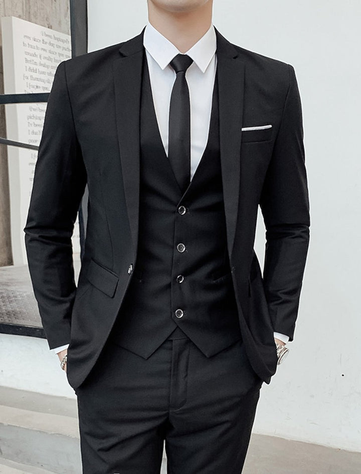 Men's Single-Breasted Two-Button Three-Piece Tailored Suit - Black