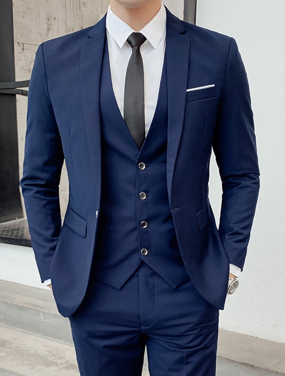 Men's Single-Breasted Two-Button Three-Piece Tailored Suit - Navy Blue